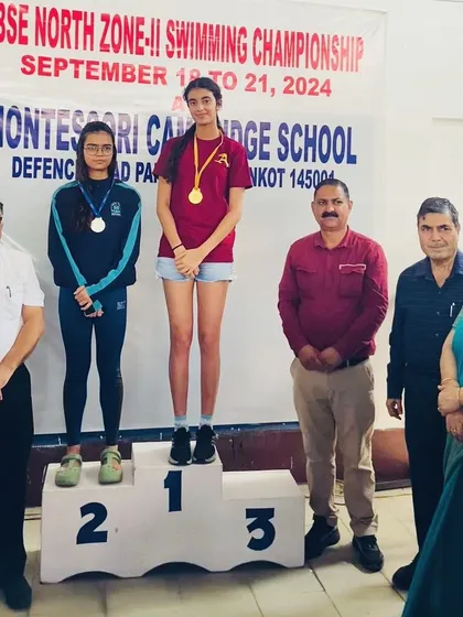 Veera Prathambir on the top of the podium at the CBSE North Zone meet. She won with a 2-second margin in the 50m backstroke against a tough field that included national-level swimmers.
