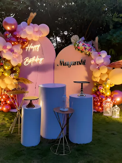 An outdoor birthday party setup on a lawn. This elegant design uses two arched backdrops in shades of pink, a neon sign, and a sophisticated balloon arrangement in warm tones.