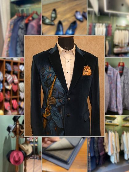This collage captures the essence of our design philosophy. Centered around a unique, artfully designed jacket, it is surrounded by glimpses of our accessories and garments, representing the complete, curated world of Shrimanker & Yogi.