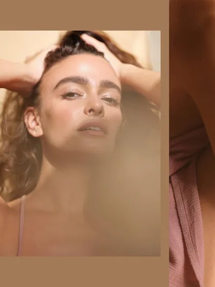 A portrait of Jenny Rei shot in soft, golden hour light with no Photoshop. The warm tones and natural skin texture are the focus, resulting in an honest and beautiful image.