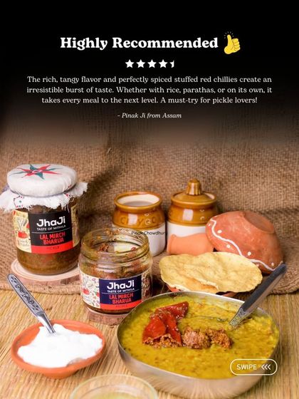 A collection of glowing reviews for our Lal Mirch Bharua Achar, with customers calling it their favourite and a must-try for its authentic, dadi-nani style taste.