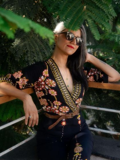 The floral embroidery adds a beautiful, detailed touch to this everyday look.