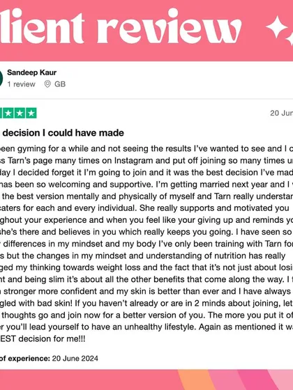 A 5-star review from Sandeep: "I've been gyming for a while and not seeing the results... I came across Tarn's page many times and put off joining... it was the best decision I've made!!!"