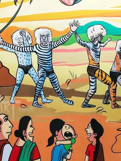 A close-up detail of the Pilivesha dancers from the office mural. You can see the dynamic poses and expressions of the performers and the audience, capturing the excitement of this traditional Mangalorean street performance.