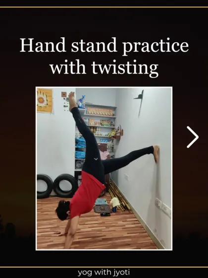 A graphic showcasing the handstand practice with twisting, a great way to challenge your balance and core.