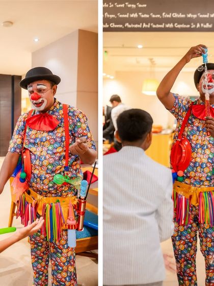 A classic clown entertainer making balloon animals and blowing bubbles, bringing smiles and laughter to the party.