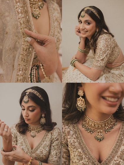 A collage showing the details of her look. The soft makeup, the beautiful jewelry, and her radiant smile.