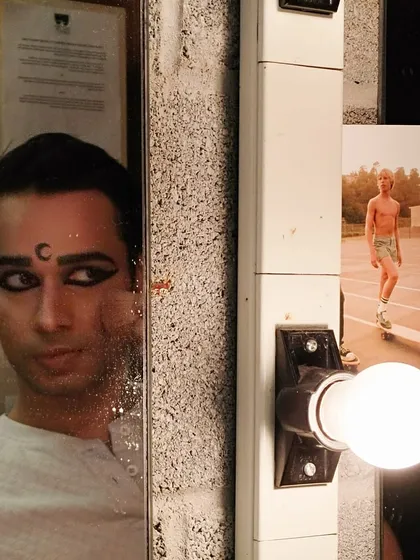 A throwback to a performance in New York. The green room mirror has seen many faces and characters over the years.