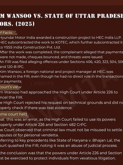This judgment highlights how the High Court's powers under Article 226 and Section 482 CrPC must be used to prevent the misuse of criminal law for settling civil disputes. I fight to protect my clients from such vexatious litigation.