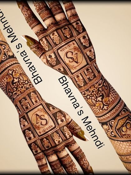 A collage of a beautiful bridal design featuring the couple's initials 'AS' and 'SJ' in ornate frames.