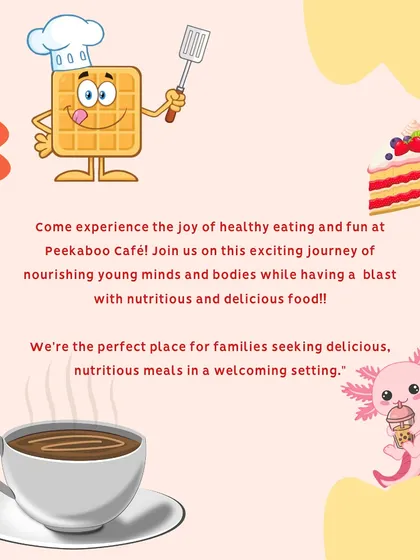 An illustration that captures our food philosophy. We are the perfect place for families seeking delicious, nutritious meals in a welcoming setting, from fluffy waffles and hot coffee to delightful cakes.