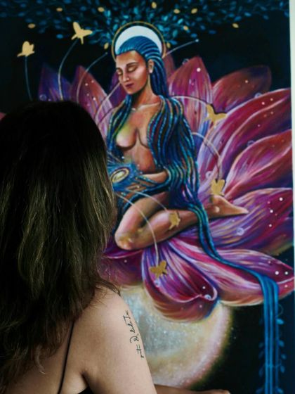 Reflecting on the completed piece. Each painting is a conversation with myself before it becomes a conversation with the world.