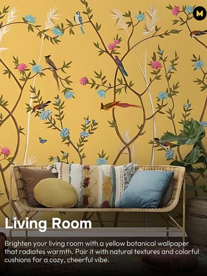 This living room is brightened with a yellow botanical wallpaper that radiates warmth. Paired with natural textures like a rattan sofa and colorful cushions, it creates a cozy, cheerful vibe.
