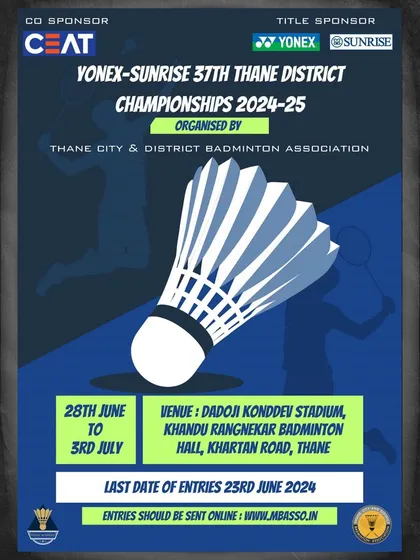 This poster for the 37th Thane District Championships, sponsored by Yonex-Sunrise and CEAT, shows my ability to manage prestigious, long-standing events. I handle all aspects, including online entries and venue management at prime locations like Dadoji Konddev Stadium.