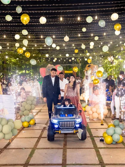 Making a grand entrance at Eshaan's safari party. The birthday boy arrives in style in his own mini jeep, driving down a path lit by sparklers and fairy lights, creating a spectacular and memorable moment for him and all the guests.