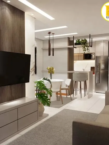 This living room features a dark wood fluted panel for the TV unit, contrasted with a white marble accent wall. The open layout flows into the dining and kitchen areas.