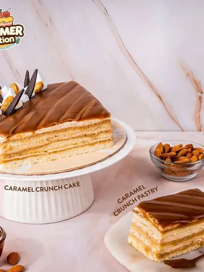 Experience the perfect crunch with our Caramel Crunch Cake. Layers of soft cake and creamy caramel are topped with a crunchy texture that makes every bite exciting.
