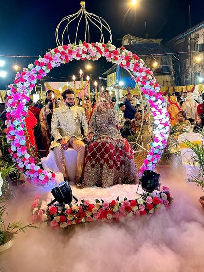 Here is our popular Crown entry, shown with a couple seated and surrounded by a thick cloud of low fog. This setup is perfect for creating a dreamy, romantic atmosphere for your reception entrance.