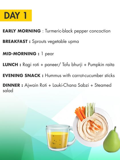 Day 1 of the monsoon diet starts with a turmeric-black pepper concoction to fight inflammation. Meals like sprouts upma and ajwain roti with lauki-chana sabzi are gentle on the digestive system.