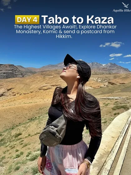 The highest villages await on Day 4 as we travel from Tabo to Kaza. We explore Dhankar Monastery, visit Komic, and send a postcard from the world's highest post office in Hikkim.