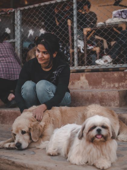 Just chilling with my fur babies. A relaxed Golden Retriever and a curious Shih Tzu make for the best company.