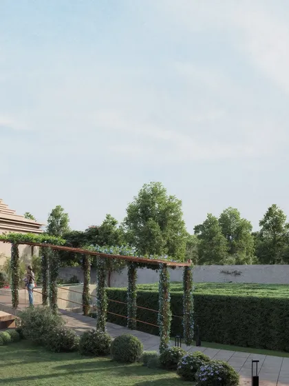 A view across the wellness center's grounds, showing a vine-covered walkway. This render highlights the integration of architecture and nature, creating a peaceful path for visitors to walk through the landscape.