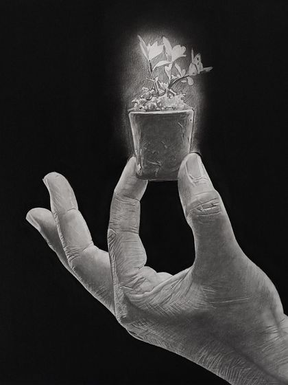 A close-up of the "Earth" drawing. The tiny plant is glowing, representing hope and new beginnings.