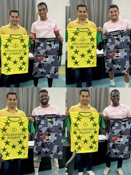 A collage showing our coaches exchanging jerseys with the team at Minerva Punjab FC, a proud moment for our academy.