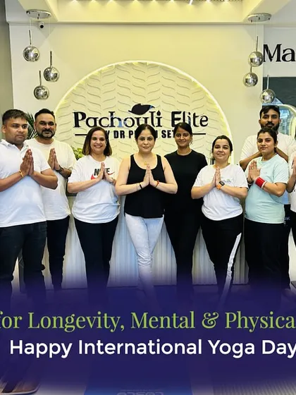 Our team united in a moment of peace on International Yoga Day. We practice what we preach, embracing yoga for longevity and holistic health. This image captures the spirit of wellness that is at the core of our Pachouli family.