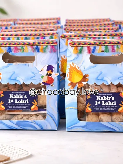 Celebrating a baby's first festival is a huge milestone, and the gifts should be just as special. I created these personalized "Kabir's 1st Lohri" gift bags for a family's celebration. Each bag was filled with traditional Lohri treats like rewari and gajak, making for a memorable and budget-friendly festive return gift.