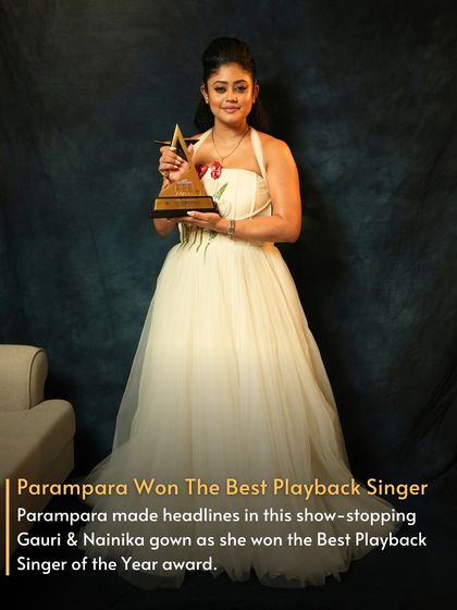 Best Playback Singer winner Parampara Tandon accepted her award in this beautiful off-white Gauri & Nainika gown. It’s proof that you can have your award-winning moment in a stunning designer rental.