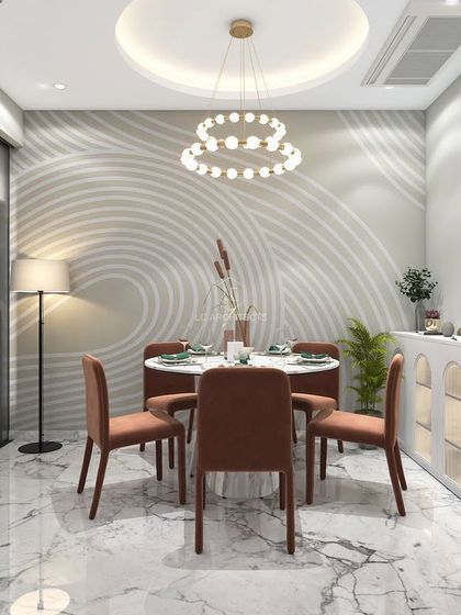 A modern dining area concept with a simple round table and rust-colored chairs. The feature wall has a subtle, swirling texture, and a contemporary chandelier provides focused light over the table.