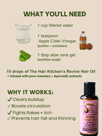 Here's what you'll need for the detox spray: filtered water, apple cider vinegar to exfoliate, aloe vera gel to soothe, and 10 drops of my Revive Hair Oil, which is infused with pure rosemary.