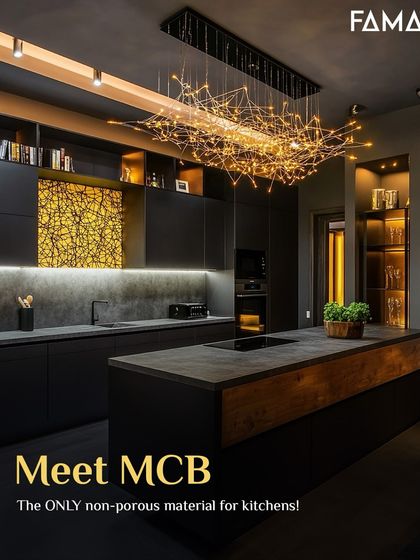 This dramatic kitchen, with its statement chandelier and bold gold accents, is built around our non-porous M-Core™ material. It proves that you can have high-impact design without sacrificing the practical need for a hygienic and durable kitchen.