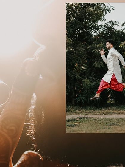 A fun and energetic collage, featuring a jumping shot of the groom and a close-up of the engagement ring.