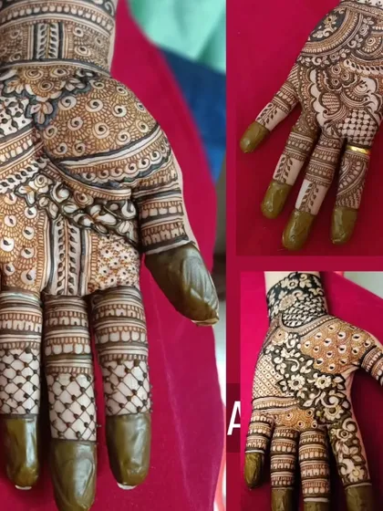 A collage showing different angles of a beautiful party-wear design. The pattern is dense and intricate, perfect for making a statement.