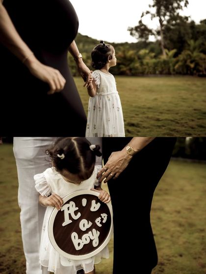 A collage showing the older sister's role in the announcement. She holds the "It's a boy" sign, looking up at her mom's bump, beautifully capturing the growing family's story.