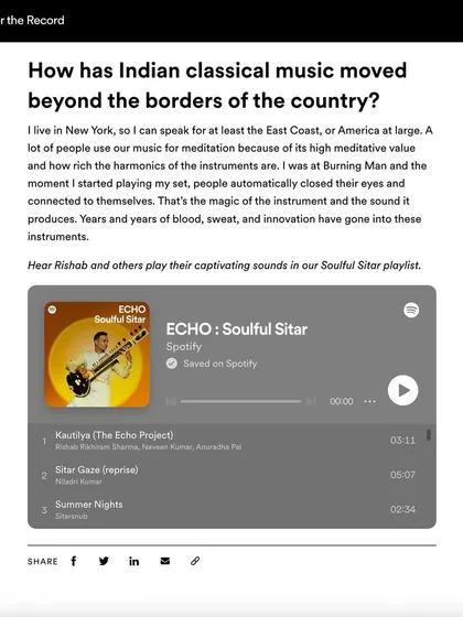 A screenshot from the Spotify article showcasing the 'ECHO: Soulful Sitar' playlist. These collaborations help make classical music more accessible to new listeners.