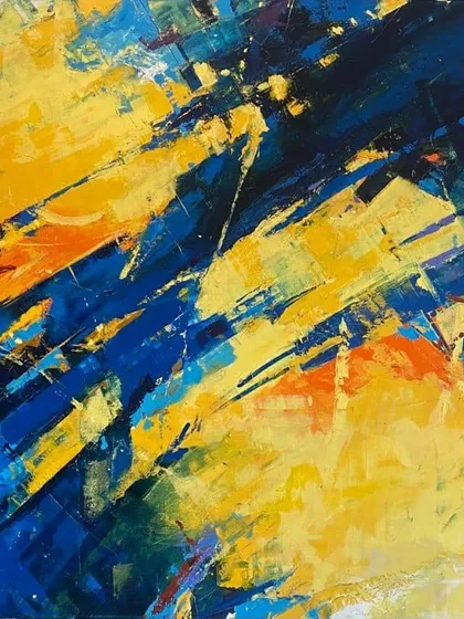 This abstract from my 'Confluence' series is all about the collision of energy. The vibrant yellows and deep blues clash and blend, creating a dynamic visual experience with thick, expressive palette knife work. This piece has been sold to a private collector.