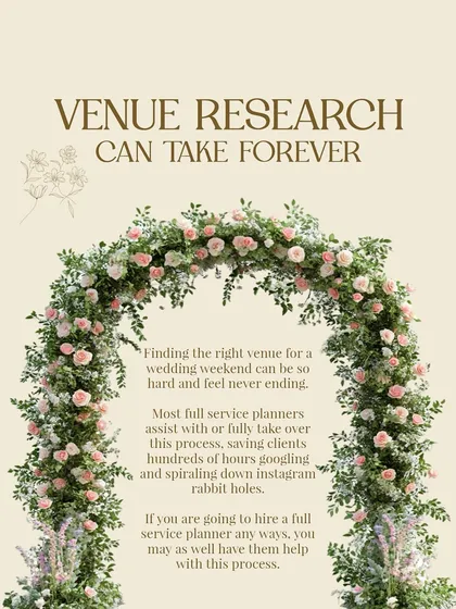 Venue research can take forever. I save my clients hundreds of hours of googling and spiraling down Instagram rabbit holes by handling the entire venue scouting process.