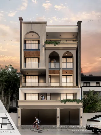 Another take on a neoclassical design, this time with more traditional arched windows and a balanced, symmetrical layout that feels both classic and grounded.