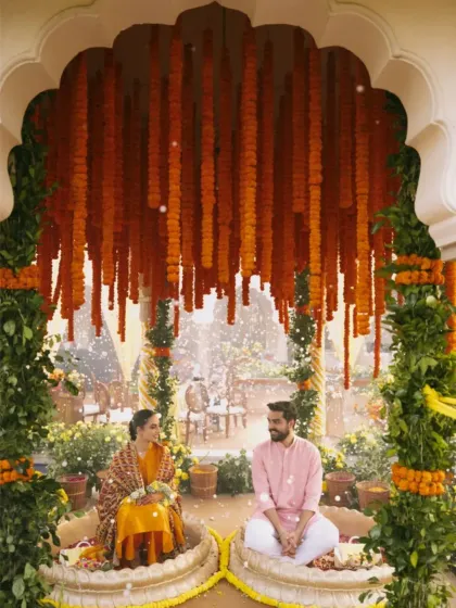 A beautiful, traditional Haldi ceremony in progress. The couple is seated in large brass urlis, under a canopy of hanging marigold garlands, creating a classic and timeless scene.