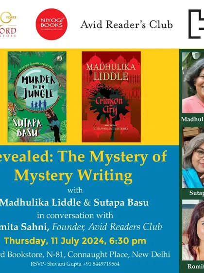 The official invitation for our panel discussion on the art of mystery writing with two masters of the genre. We can't wait to see you there for an evening of suspense and stories.