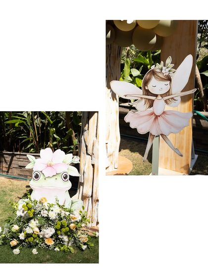 Whimsical character cutouts, including a flower-crowned frog and a graceful fairy, add a playful and enchanting touch to our garden party setups.