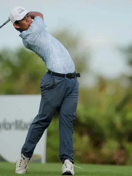 Kartik Singh showcases his powerful and fluid swing during the Nomura Cup, where he secured a solo 10th place finish.