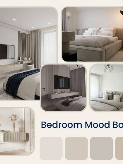 A bedroom mood board that creates a sanctuary with a soothing neutral palette, layered textures, and carefully selected furniture for both style and function.