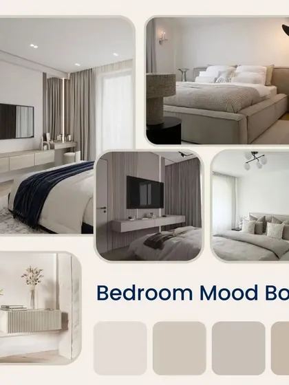 A bedroom mood board that creates a sanctuary with a soothing neutral palette, layered textures, and carefully selected furniture for both style and function.