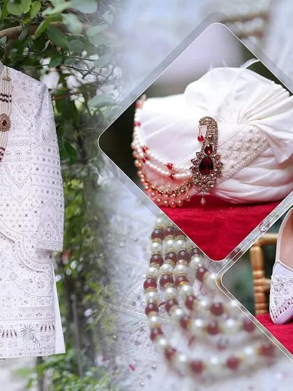 A detailed collage of the groom's wedding accessories, including his turban (safa), necklace (mala), and shoes (juttis).