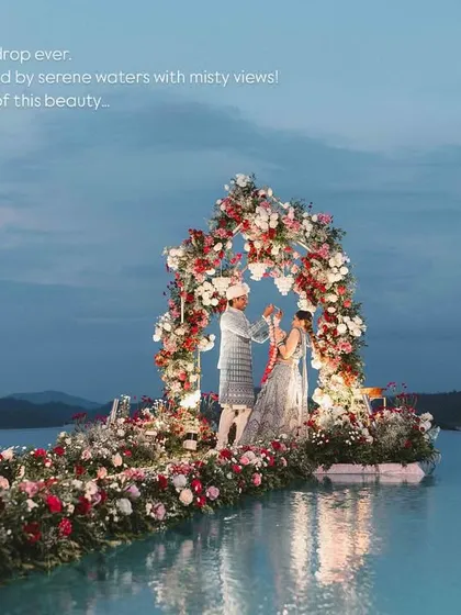 At the most beautiful setting, we witnessed the magical moments of Supreetha and Adithya's life. For their sundowner Varmala ceremony, we built a floral stage right in the middle of an infinity pool, surrounded by misty mountains and overlooking a serene lake.