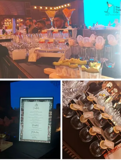 A collage showing the fine details of our bar presentation. It includes a custom menu, pre-garnished glasses with personalized tags, and a display of colorful cocktails ready for serving.